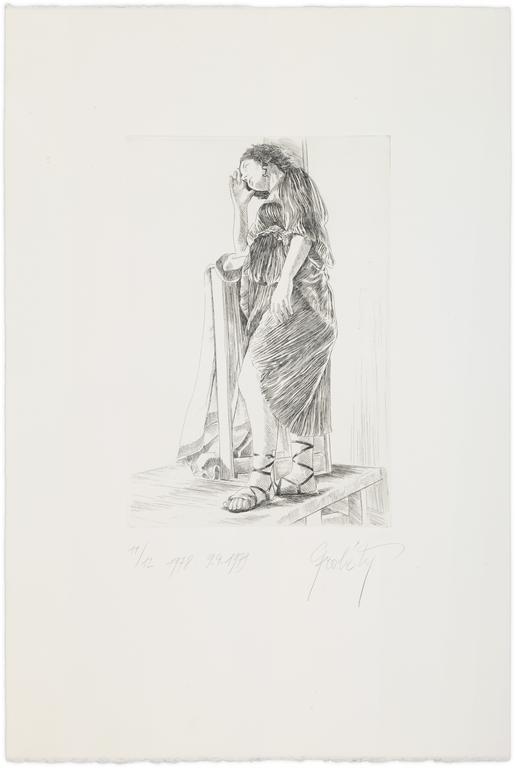 Catalogue raisonné, Claude Grobéty, Robe violette, accoudée stèle (dite Les Malheurs de l'Irlande) - 1978
