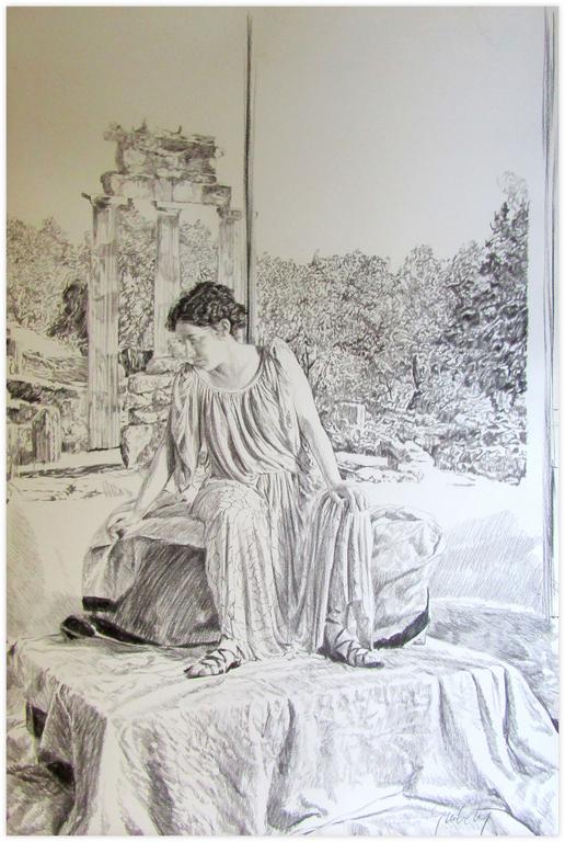 Catalogue raisonné, Claude Grobéty, Assis tunique, deux mains posées sur stèle, regard baissé vers la droite - 1976