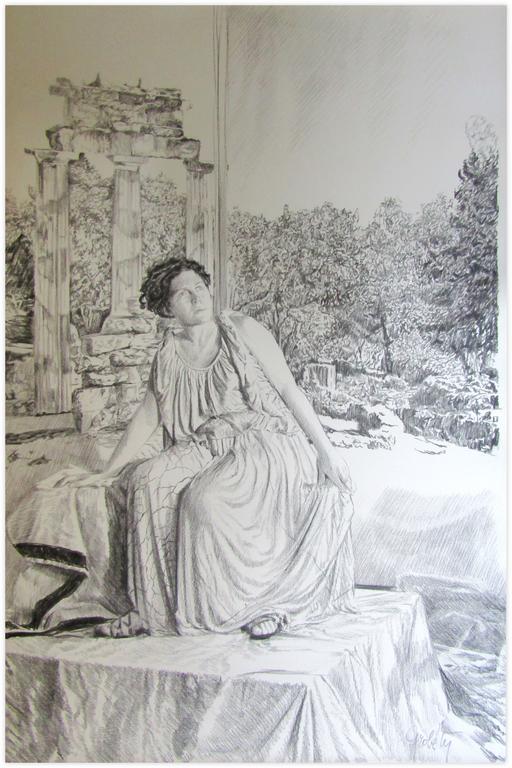 Catalogue raisonné, Claude Grobéty, Assis, tunique, devant Tholos, regarde au loin - 1976