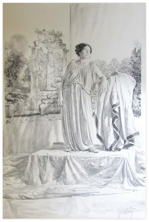 Catalogue raisonné, Claude Grobéty, Debout tunique, accoudé stèle, avec Tholos et végétation - 1976