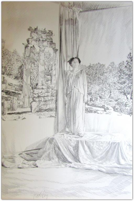 Catalogue raisonné, Claude Grobéty, Debout, tunique, de face, devant Tholos et végétation - 1976