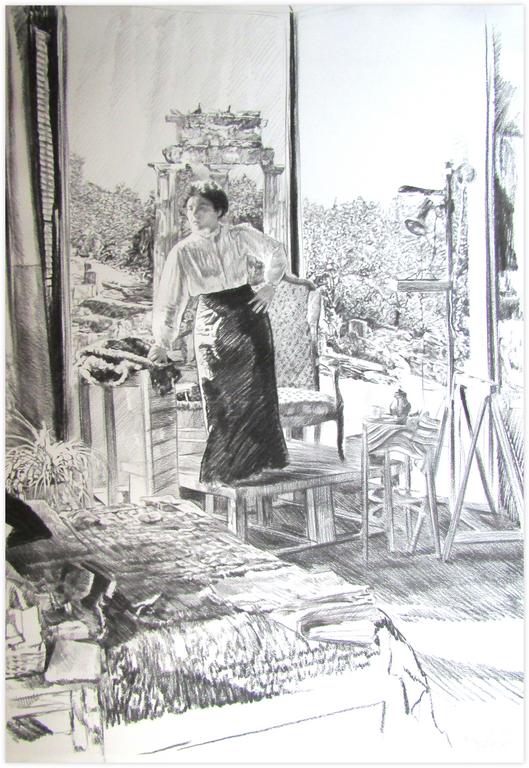 Catalogue raisonné, Claude Grobéty, Jupe victorienne devant tholos, en avant lit gris - 1977