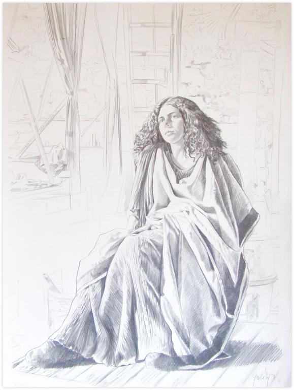 Catalogue raisonné, Claude Grobéty, Robe verte et peplos, grands cheveux, devant échelle - 1977