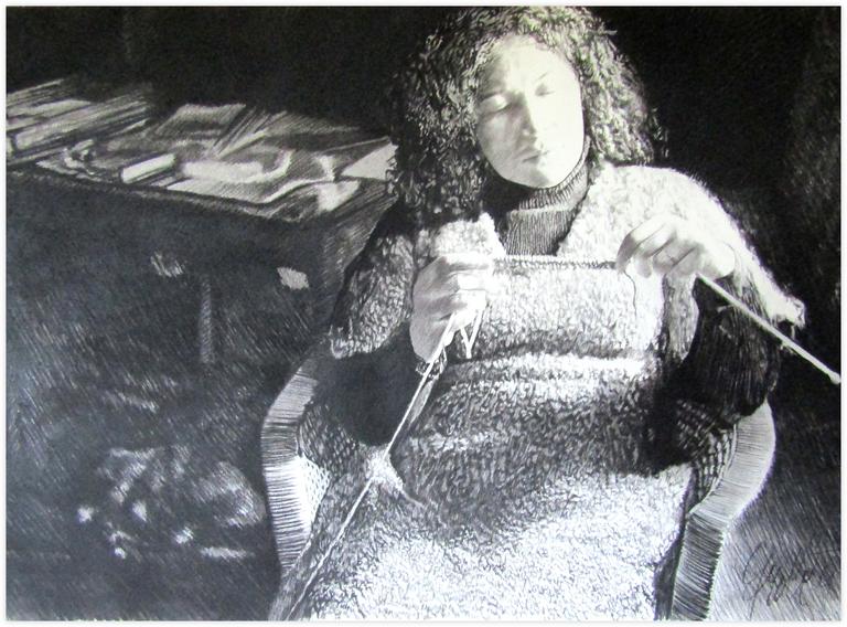 Catalogue raisonné, Robe jaune, début tricot, fauteuil rond, table Louis XV - 1977