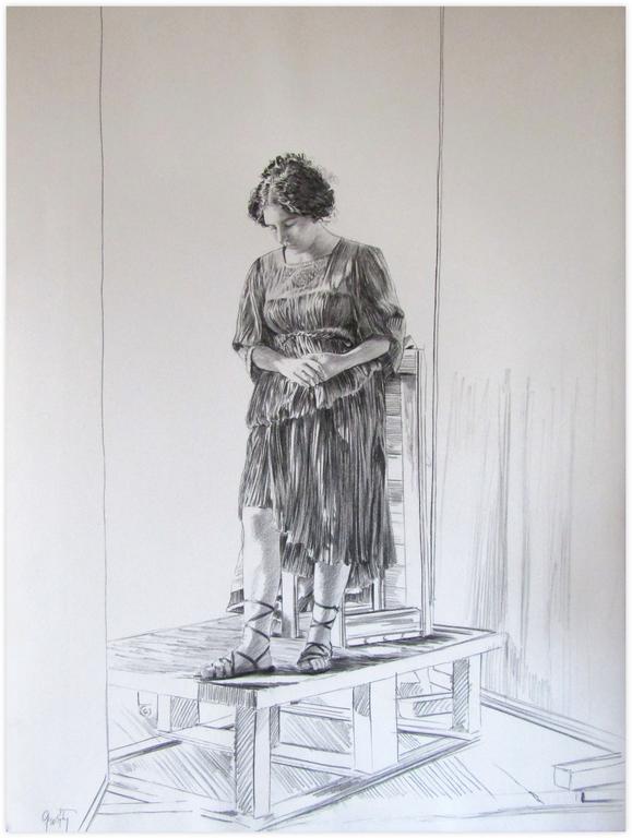Catalogue raisonné, Claude Grobéty, Robe violette debout, tête baissée, deux mains tenues, spartiates - 1978