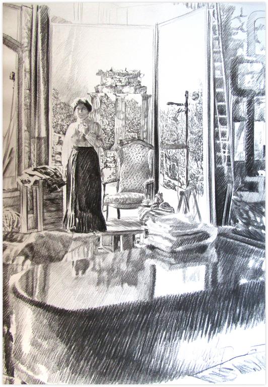 Catalogue raisonné, Claude Grobéty, Jupe victorienne debout devant Tholos et Voltaire, reflet piano - 1978