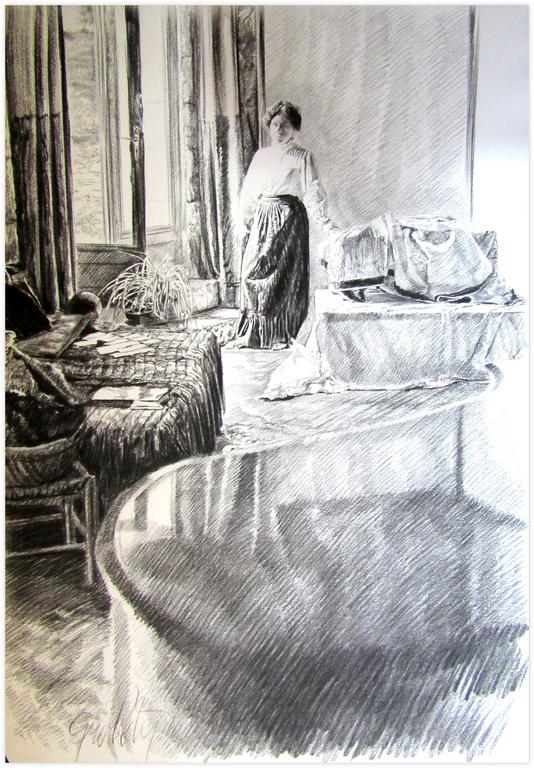 Catalogue raisonné, Claude Grobéty, Jupe victorienne près estrade, lit gris, piano - 1978