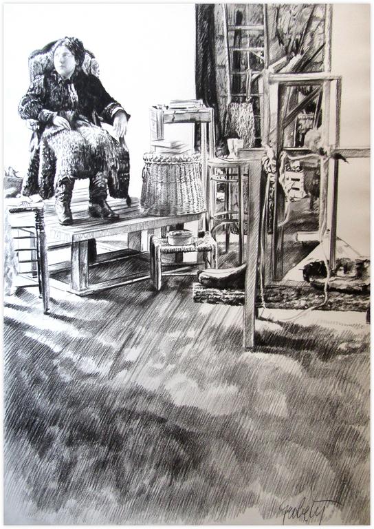 Catalogue raisonné, Claude Grobéty, Robe chat et veste sur estrade avec panier rotin, grand sol - 1978