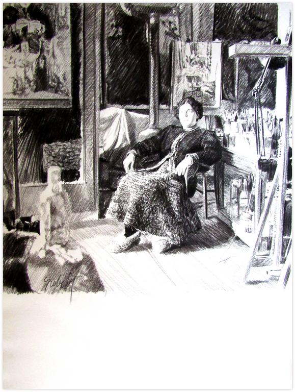 Catalogue raisonné, Claude Grobéty, Robe chat, fauteuil rotin devant table aux pinceaux - 1978