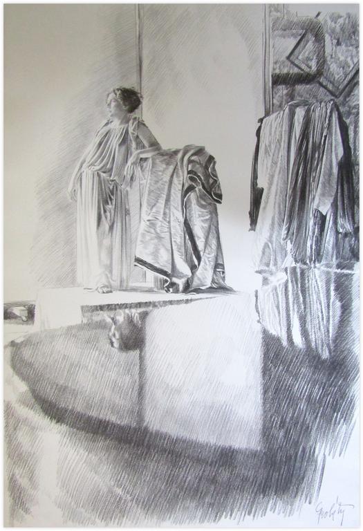 Catalogue raisonné, Claude Grobéty, Robe verte, accoudé estrade avec péplos reflet piano tête et essayage - 1978