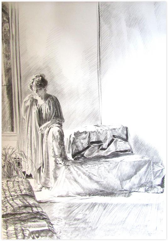Catalogue raisonné, Claude Grobéty, Robe verte, pied gauche sur l'estrade, spartiates, lit gris à gauche - 1978