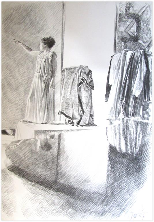 Catalogue raisonné, Claude Grobéty, Tunique, debout sur estrade, bras droit tendu, piano reflet tête - 1978