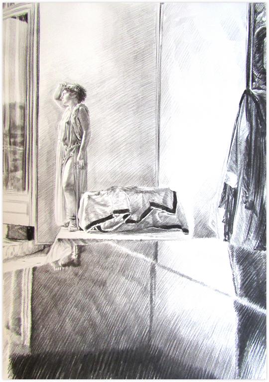 Catalogue raisonné, Claude Grobéty, Tunique, debout, relevée sur jambe gauche, main droite protège les yeux - 1978
