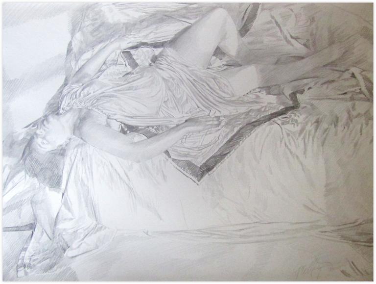 Catalogue raisonné, Claude Grobéty, Tunique, tête hors du lit, jambes nues - 1978