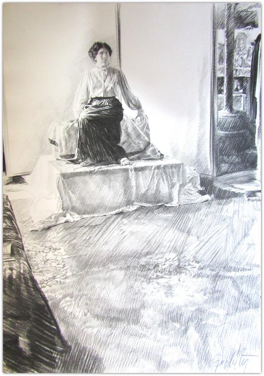 Catalogue raisonné, Claude Grobéty, assis, jupe victorienne, rosaces du sol en ciment - 1978