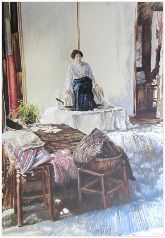 Catalogue raisonné, Claude Grobéty, Assis jupe victorienne devant panneaux, lit gris - 1979