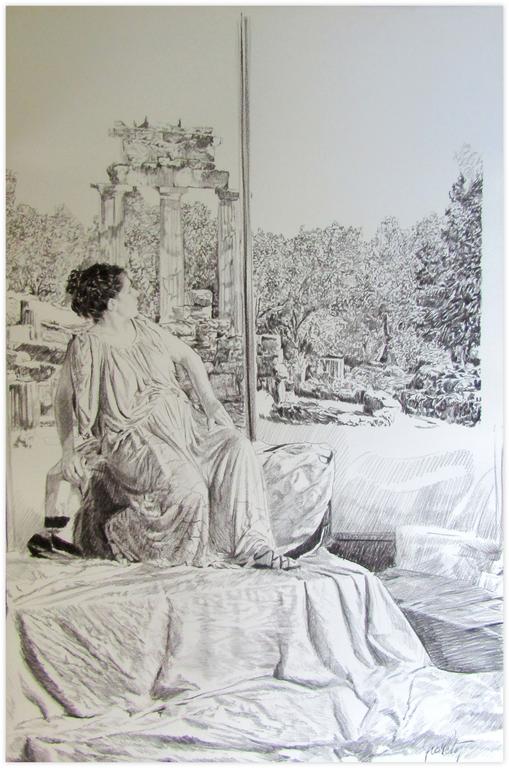 Catalogue raisonné, Claude Grobéty, Assis sur estrade, regarde en arrière vers Tholos - 1979