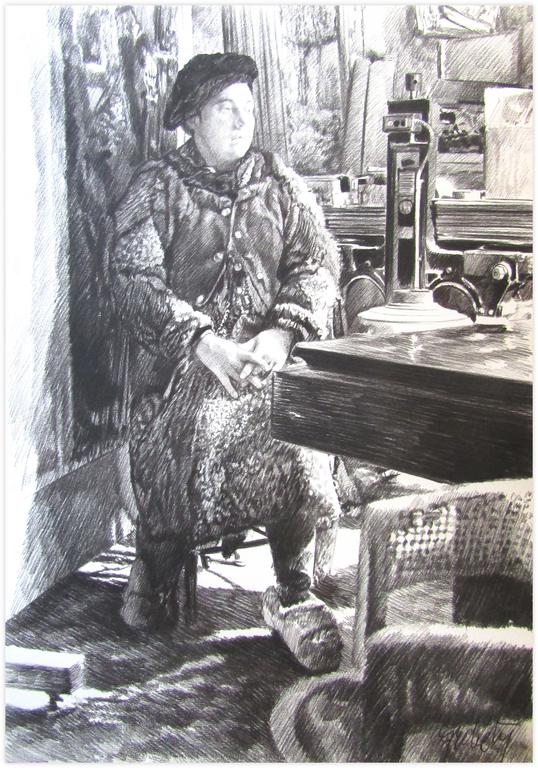 Catalogue raisonné, Claude Grobéty, Bouffon, béret noir, chaussons mouton, coin table et fauteuil rotin - 1979