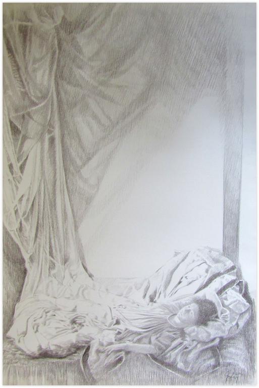 Catalogue raisonné, Couché lit gris sur peplos, draperies - 1979