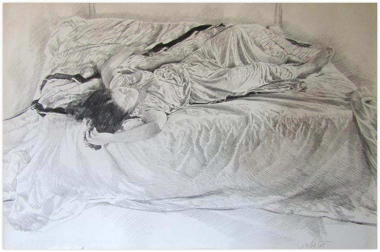 Catalogue raisonné, Claude Grobéty, Couché sur le dos sur drap et peplos, bras droit levé - 1979