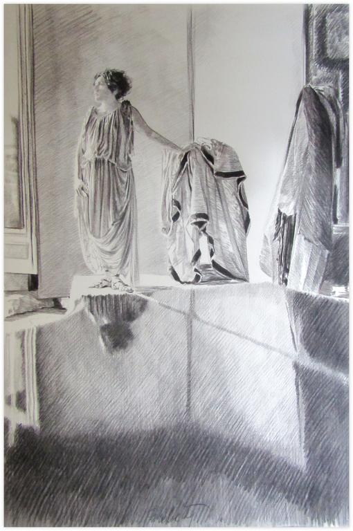 Catalogue raisonné, Claude Grobéty, Debout, bras droit relève la tunique, gauche appuyé sur la stèle - 1979
