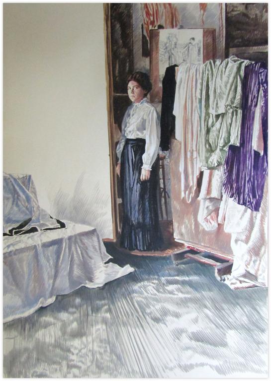 Catalogue raisonné, Claude Grobéty, Debout, jupe victorienne entre panneau et essayage - 1979