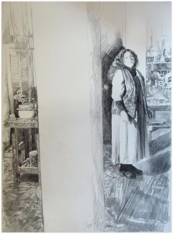 Catalogue raisonné, Claude Grobéty, Robe blanche, gilet fourrure, entre colonne et table - 1979