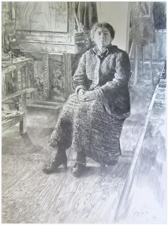 Catalogue raisonné, Claude Grobéty, Robe chat, assis chaise noire, établi à gauche - 1979