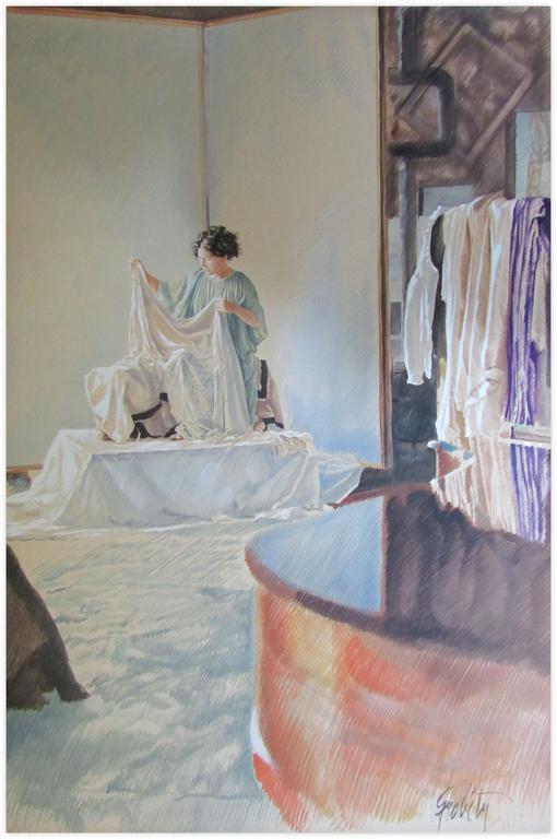 Catalogue raisonné, Claude Grobéty, Robe verte, assis sur estrade déplie tunique - 1979