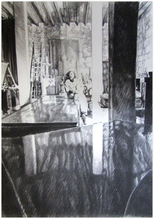 Catalogue raisonné, Claude Grobéty, Robe blanche, accoudé table entre colonnes, reflet piano - 1980