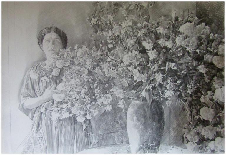 Catalogue raisonné, Claude Grobéty, Robe verte, derrière bouquet seringat - 1980