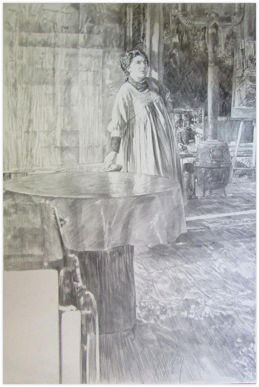 Catalogue raisonné, Claude Grobéty, Robe blanche derrière table ronde, cloche et seau - 1980