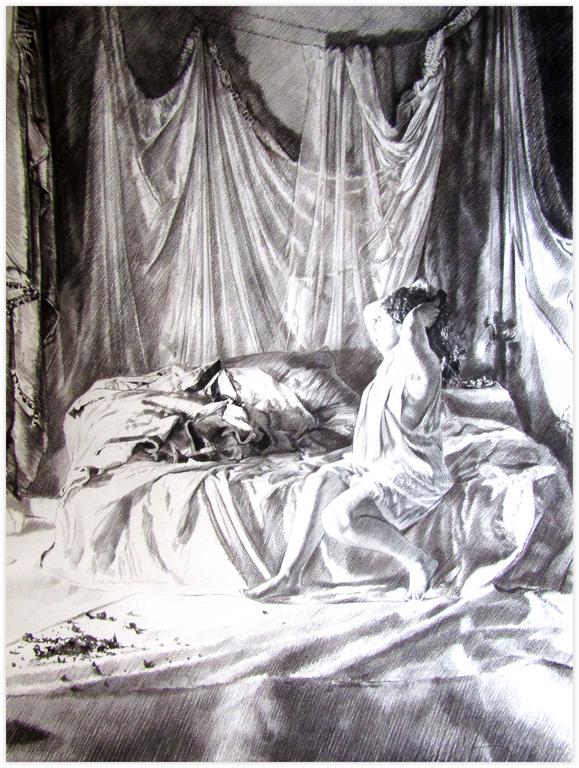 Catalogue raisonné, Claude Grobéty, Assis de profil devant draperies, deux bras levés, chignon - 1981