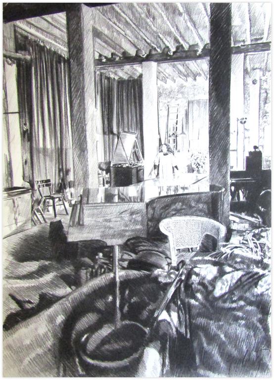 Catalogue raisonné, Claude Grobéty, Ombres devant, piano, deux colonnes au fond, robe blanche debout - 1981