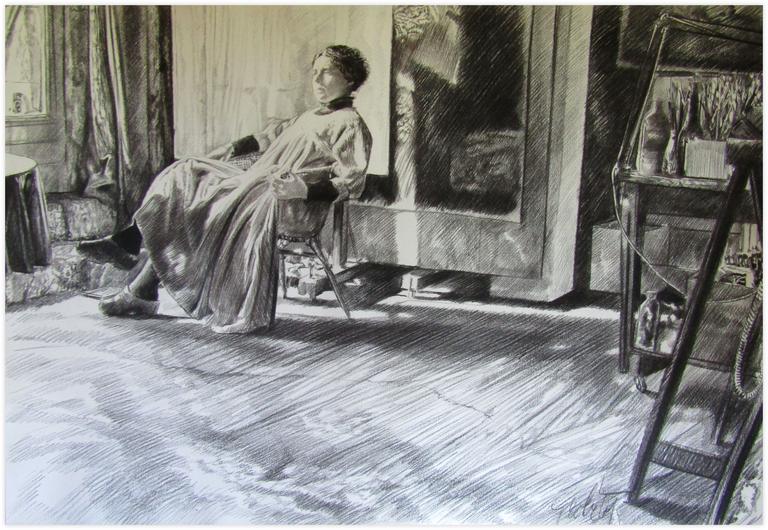 Catalogue raisonné, Claude Grobéty, Robe blanche, fauteuil rotin, pinceaux à droite grand sol - 1981