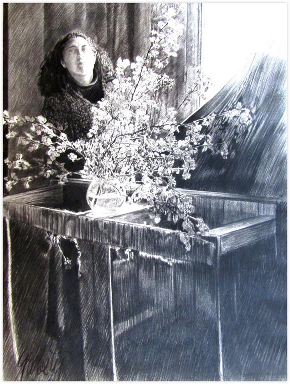 Catalogue raisonné, Claude Grobéty, Robe jaune, tire le rideau derrière estrade avec bouquet - 1981