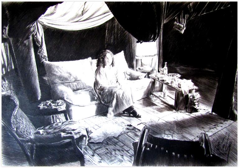 Catalogue raisonné, Claude Grobéty, Drappouf, robe blanche, deux fauteuils - 1981