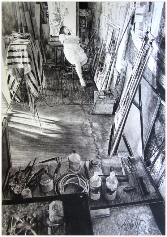 Catalogue raisonné, Au fond, robe bouclette affalé sur tabouret tournant - 1982