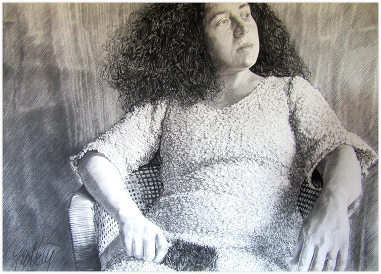 Catalogue raisonné, Claude Grobéty, Série Géantes, robe blanche, brosse à cheveux, regarde à gauche - 1982