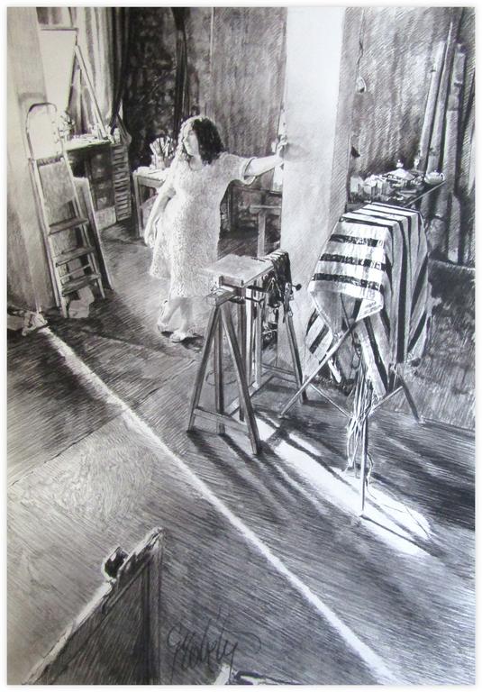 Catalogue raisonné, Claude Grobéty, Robe blanche bouclettes pieds croisés, appuyé sur colonne - 1982