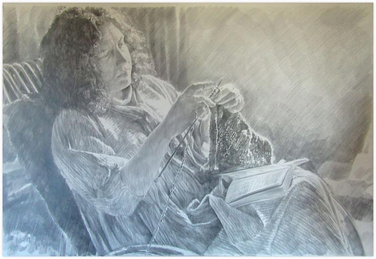 Catalogue raisonné, Claude Grobéty, Robe blanche, tricot, livre sur les genoux - 1982