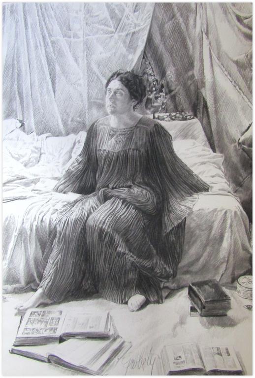 Catalogue raisonné, Robe violette, assis sur le lit, livres sur le sol - 1983