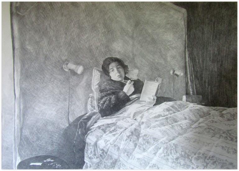 Claude Grobéty, Assis dans le lit, un livre à la main