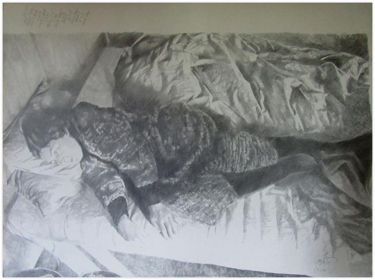 Claude Grobéty, Couché pouf sur le côté, robe chatelaine - 1993