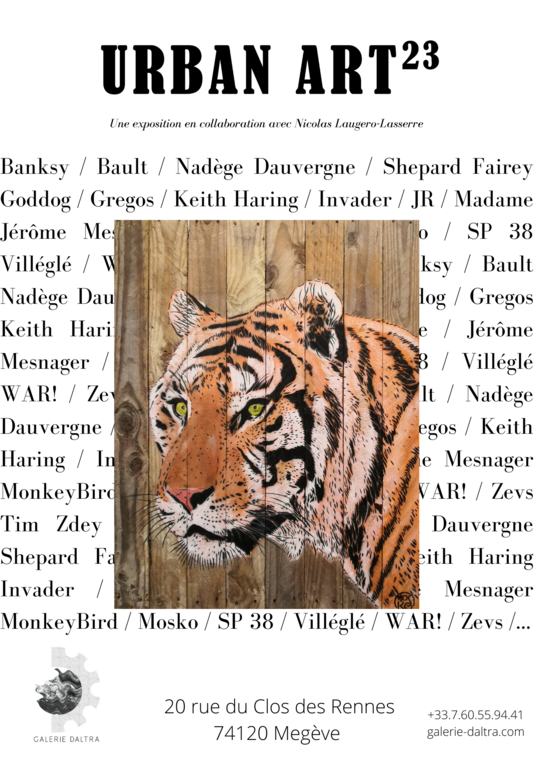 OEuvre de Mosko, portrait de Tigre sur palissade en bois