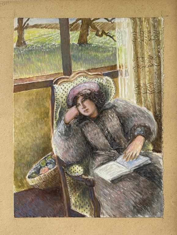 Catalogue raisonné, Claude Grobéty, Chatelaine, béret rose, livre, tête appuyée main droite 