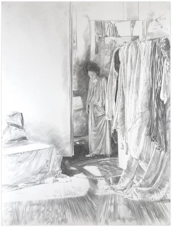 Catalogue raisonné, Claude Grobéty, série essayage, robe verte, debout entre panneau et peplos... - 1978