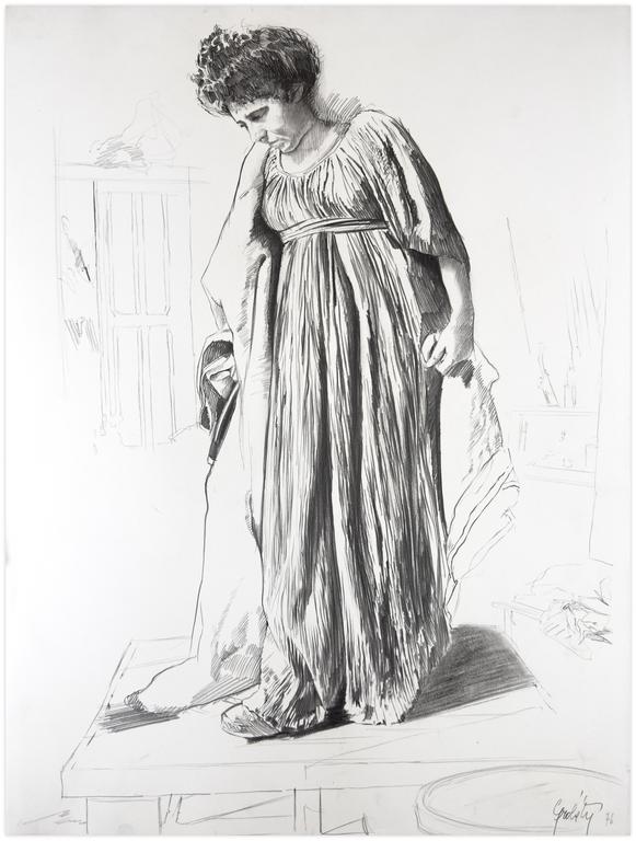 Catalogue raisonné, Claude Grobéty, Grande robe verte avec peplos, chignon - 1976