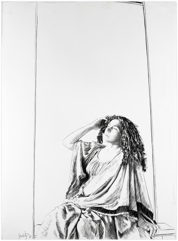 Catalogue raisonné, Claude Grobéty, Robe verte et peplos, main droite dans les cheveux - 1978
