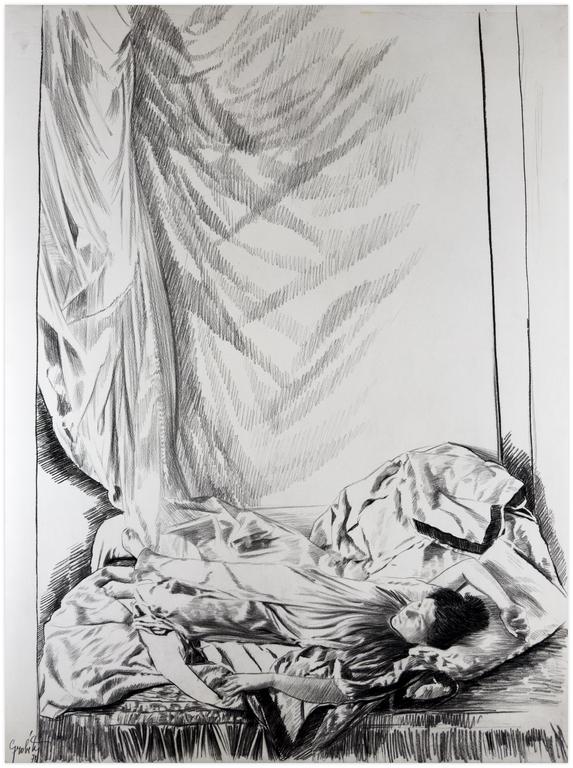 Catalogue raisonné, Claude Grobéty, Robe verte, couché, adossé à coussin, draperies - 1978
